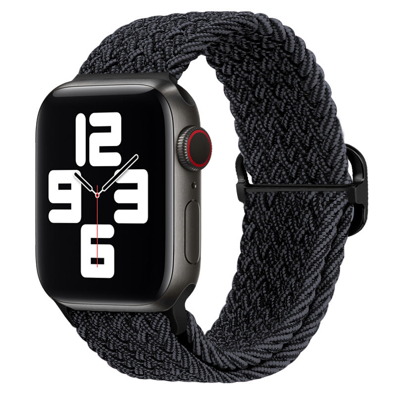 Watchify klokkereim for Apple Watch. En nydelig, komfortabel og elastisk klokkereim med en spenne som ikke er ubehagelig mot huden. Passer Iwatch series 1/2/3/4/5/6/7. Grå og sort strikket med sort spenne