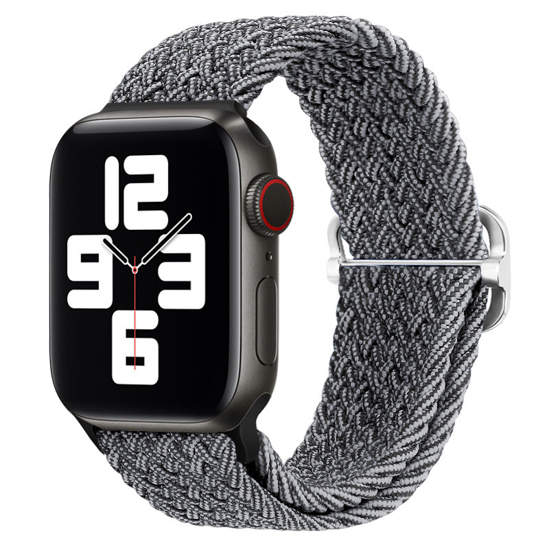 Watchify klokkereim for Apple Watch. En nydelig, komfortabel og elastisk klokkereim med en spenne som ikke er ubehagelig mot huden. Passer Iwatch series 1/2/3/4/5/6/7. grå og sort modell 2 strikket med sort spenne