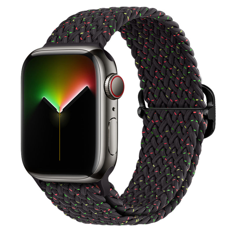 Watchify klokkereim for Apple Watch. En nydelig, komfortabel og elastisk klokkereim med en spenne som ikke er ubehagelig mot huden. Passer Iwatch series 1/2/3/4/5/6/7. Starlight 1 modell 2 strikket med sort spenne