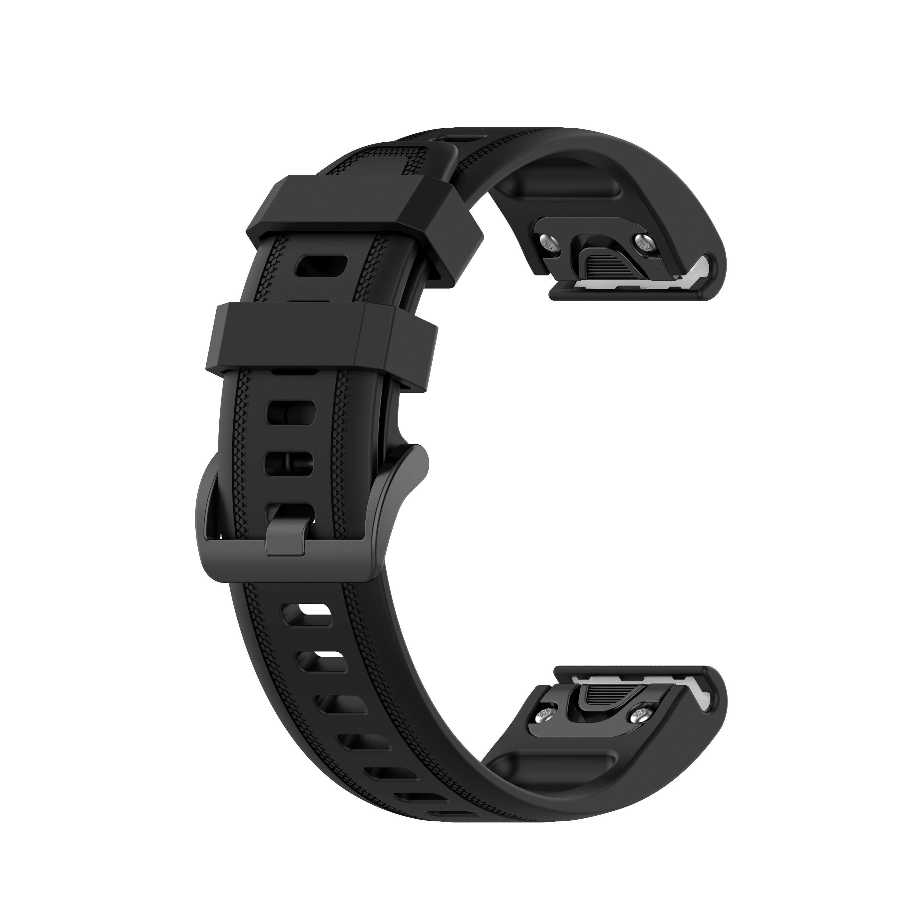 Myk og komfortabel silikonreim til garmin smartklokker. En slitesterk og behagelig klokkereim i Sort farge som passer flere typer garminklokker.